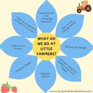 Lot's to do in our Little farmers program geared for toddlers - visit farm animals, wagon ride, explore nature, fun play